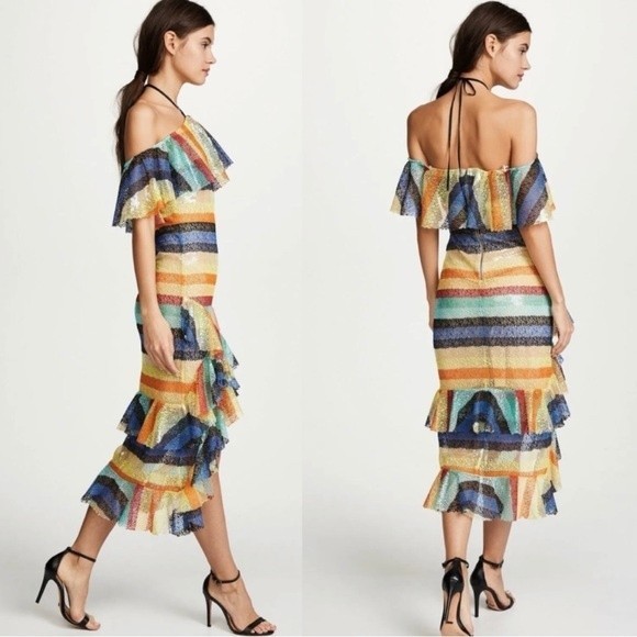Alice + Olivia | Annabeth Sequin Embroidered Mesh Rainbow Striped Ruffle Dress - Picture 3 of 16